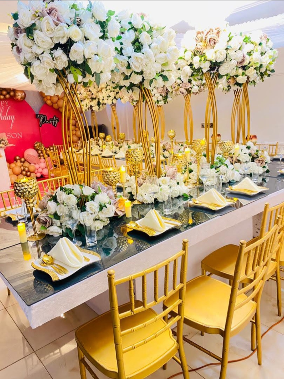 White VIP Table with Dark Glass Top for Rent in Lagos – Luxury Event Furniture Hire